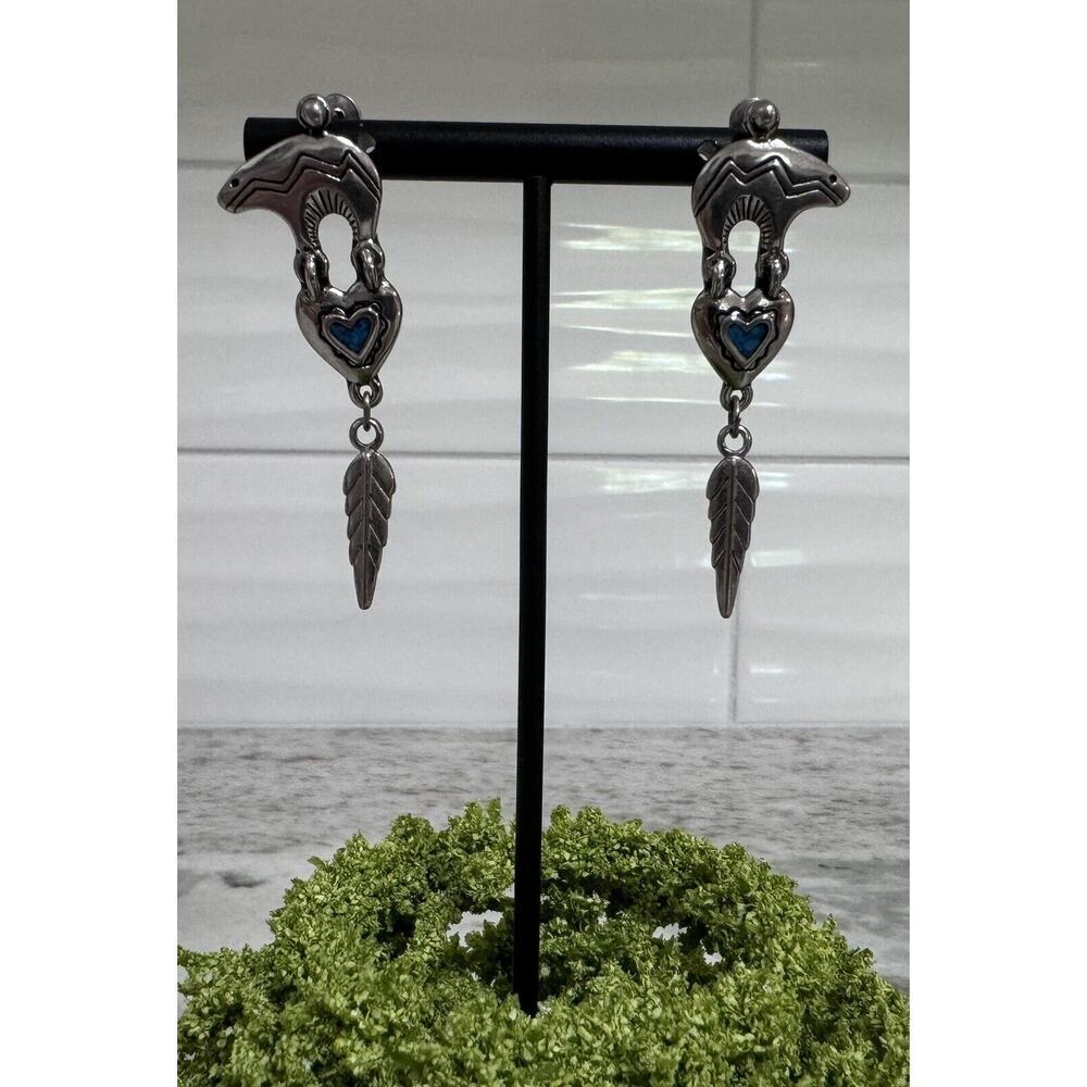 Vintage Native American Sterling Silver Bear Turquoise Heart Dangle Earrings